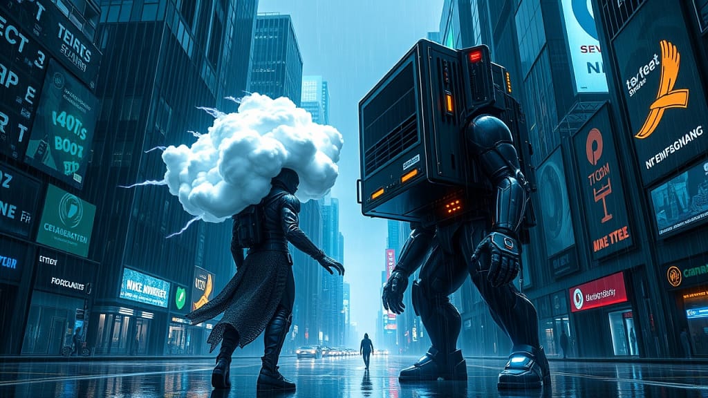 AS400 vs Cloud - Good, Bad and The Ugly 16 A cyberpunk standoff between two humanoid figures: one with a giant IBM AS/400 server for a head, the other with a massive swirling cloud head, set against a neon-lit futuristic cityscape deified progress