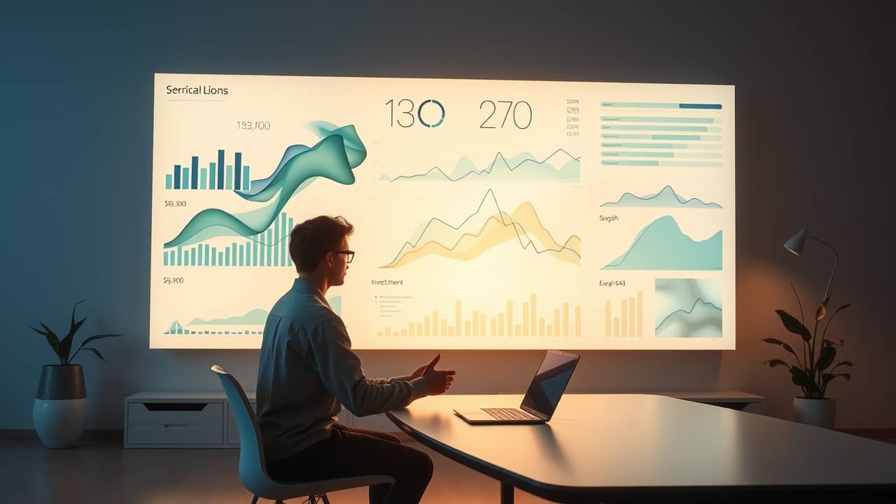 an individual calmly interacts with a large, luminous display visualizing through data science in personal finance journey.