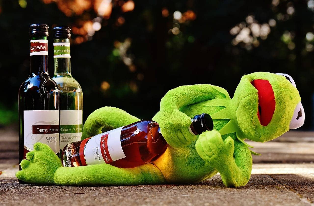 a frog drinking wine, with one bottle in hand and other two beside him. How much Wine are Canadians drinking