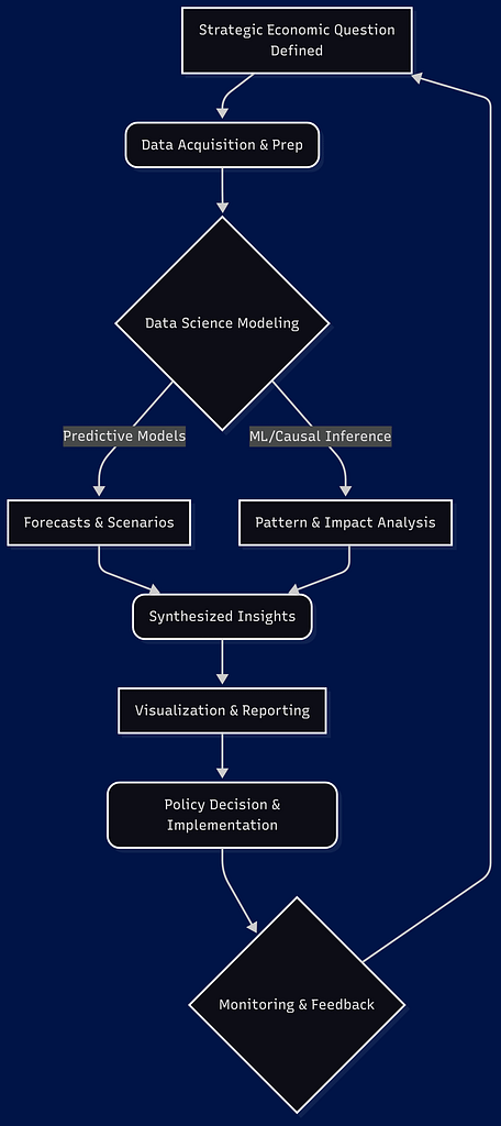 This diagram illustrates how raw data, processed through various data science techniques, yields insights that inform strategic economic decisions, with a feedback loop for continuous improvement